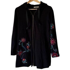 Anthropologie Caite Sm Embroidered Zip Front Jacket Sweatshirt Black Boho Hoodie